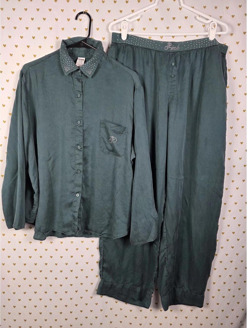 Victorias Secret PINK Green Silky Sleep Shine Long Pajama Set Bling XL 2pc